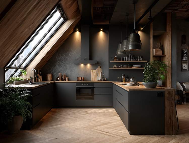 Wandleuchten in einer schwarzen Küche mit industriellem Flair