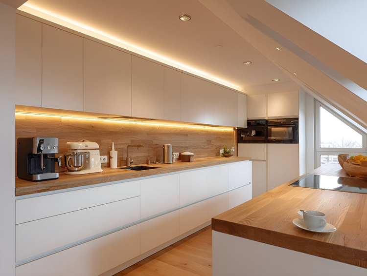 Weißes Küchendesign mit Lichtstreifen und Einbau-Spots