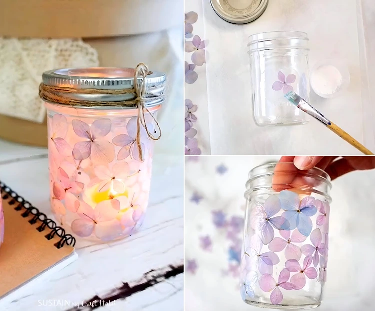 Windlicht basteln mit gepressten Hortensienblüten, Serviettenkleber und Weckglas