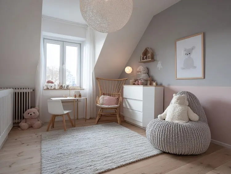 Zimmer für Mädchen mit Akzentwand in Grau und Rosa