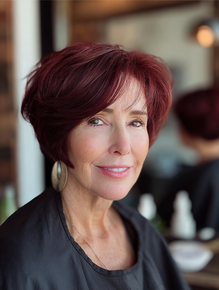 Ältere frau mit bixie haarschnitt in tiefem mahagoni ton