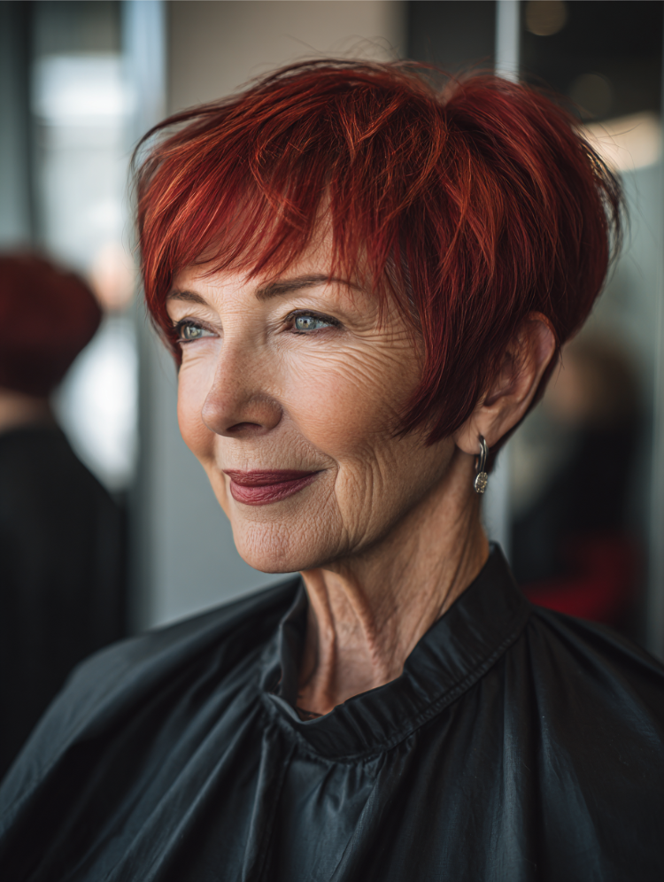 alte frau mit rotem bixie haarschnitt
