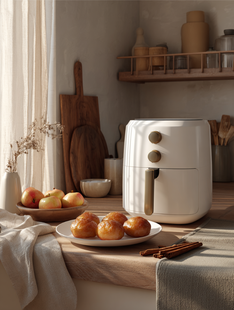 apfelkrapfen vor einer modernen heißluftfritteuse