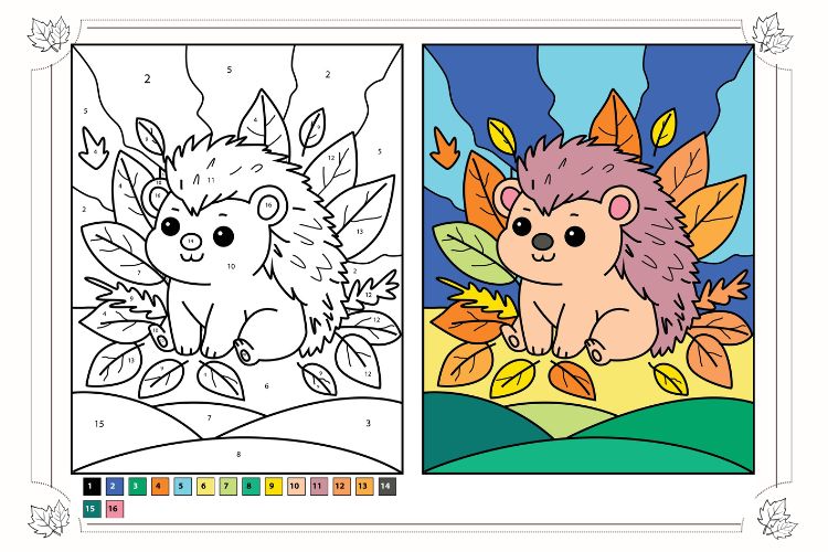 Ausmalbilder für Herbst Igel mit Herbstblättern für Kita