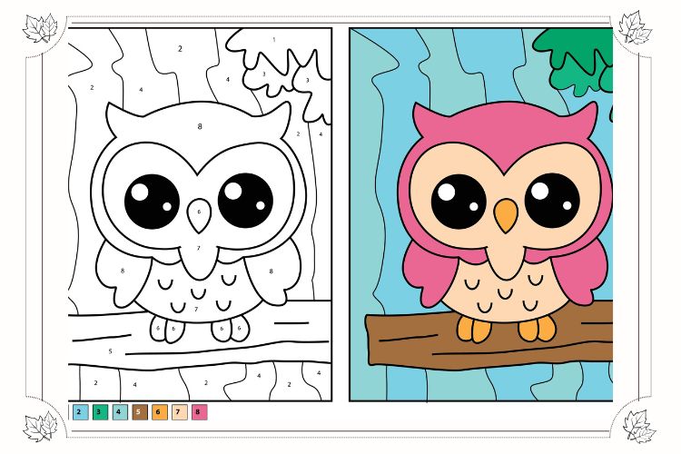 Ausmalbilder Herbst für Kita Eule malen nach Zahlen