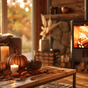Deko Idee für den Herbst mit Kaminofen und Kürbissen