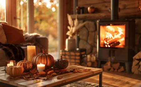 Deko Idee für den Herbst mit Kaminofen und Kürbissen