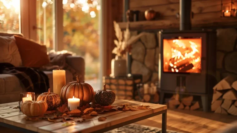 Deko Idee für den Herbst mit Kaminofen und Kürbissen
