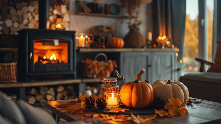 Deko mit Naturmaterialien für den Herbst direkt vor dem Kaminofen