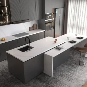 designküche anthrazit mit kücheninsel und weißer arbeitsplatte in marmoroptik