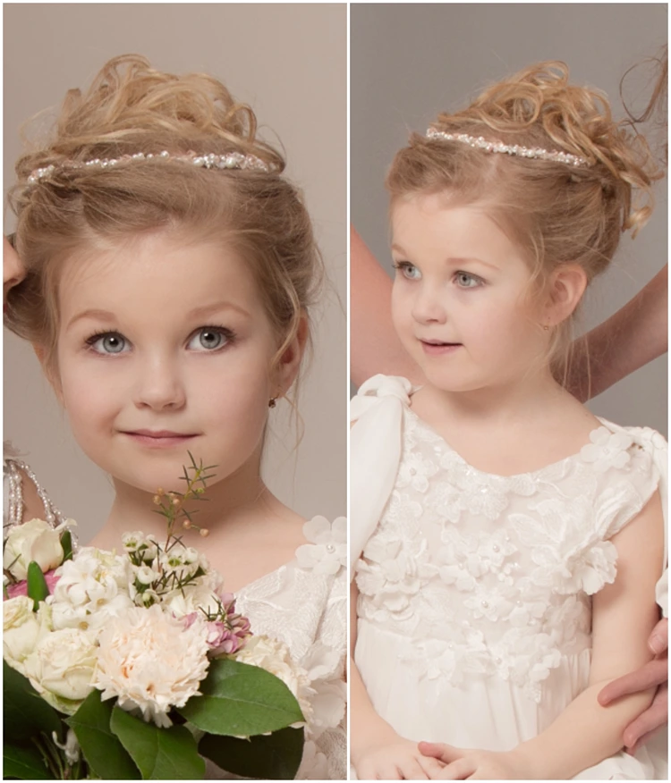 eleganter dutt mit funkelndem haarreif – festliche blumenmädchen frisur