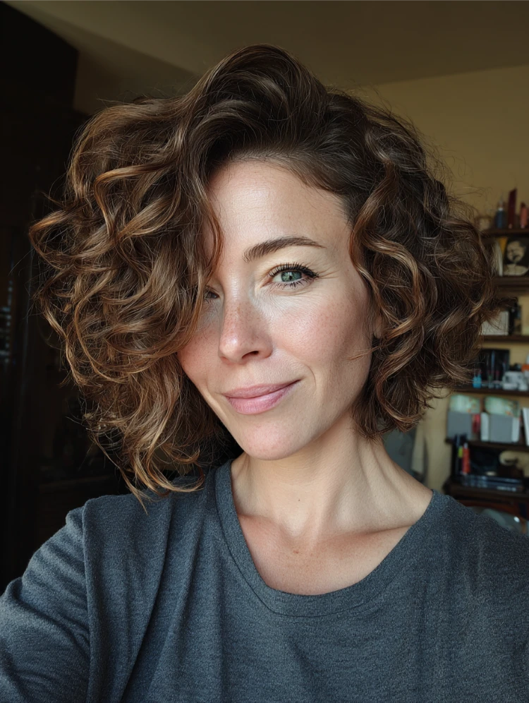 frau mit asymmetrischem, lockigem bixie schnitt