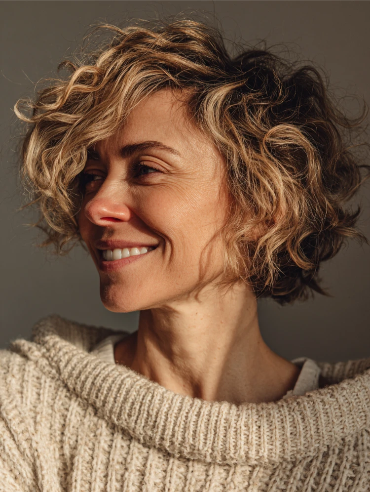 frau mit blondem haar mit strähnchen und lockigem bixie schnitt mit pony