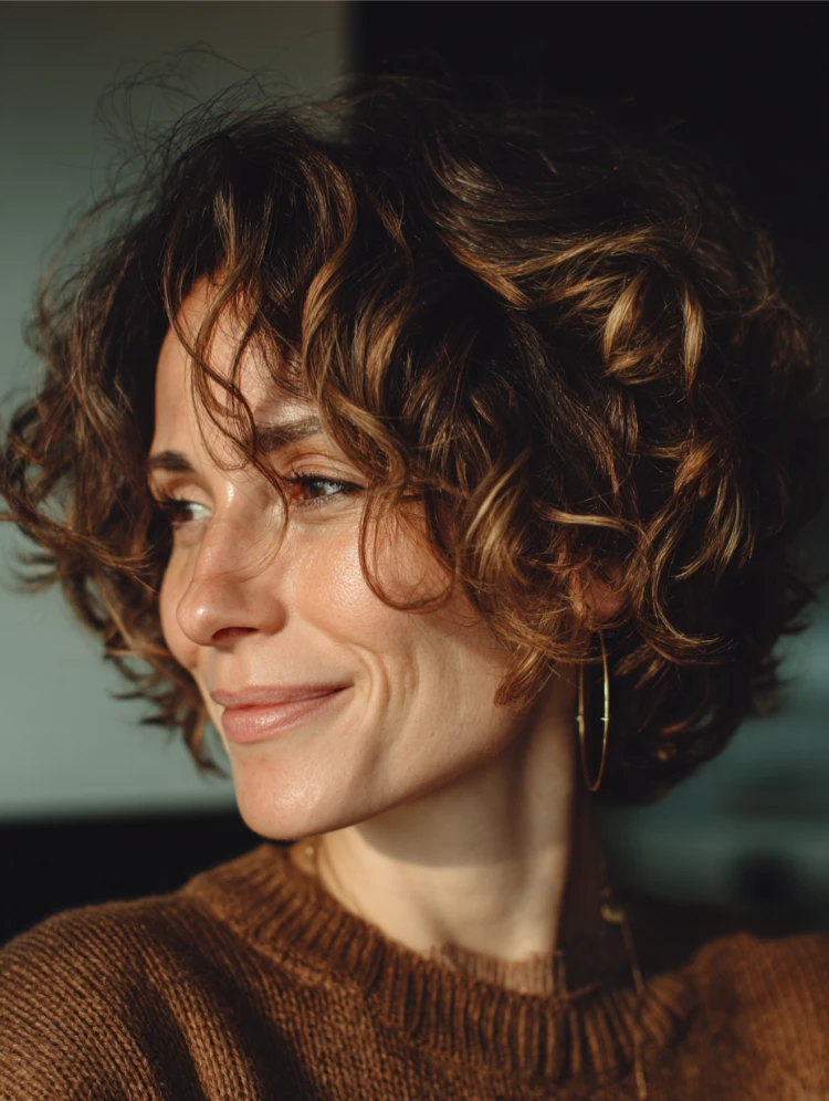 frau mit braunem haar mit blonden strähnchen und lockigem bixie schnitt