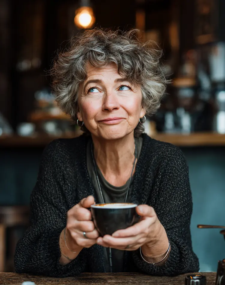 frau mit grauen kurzen lockigen haaren