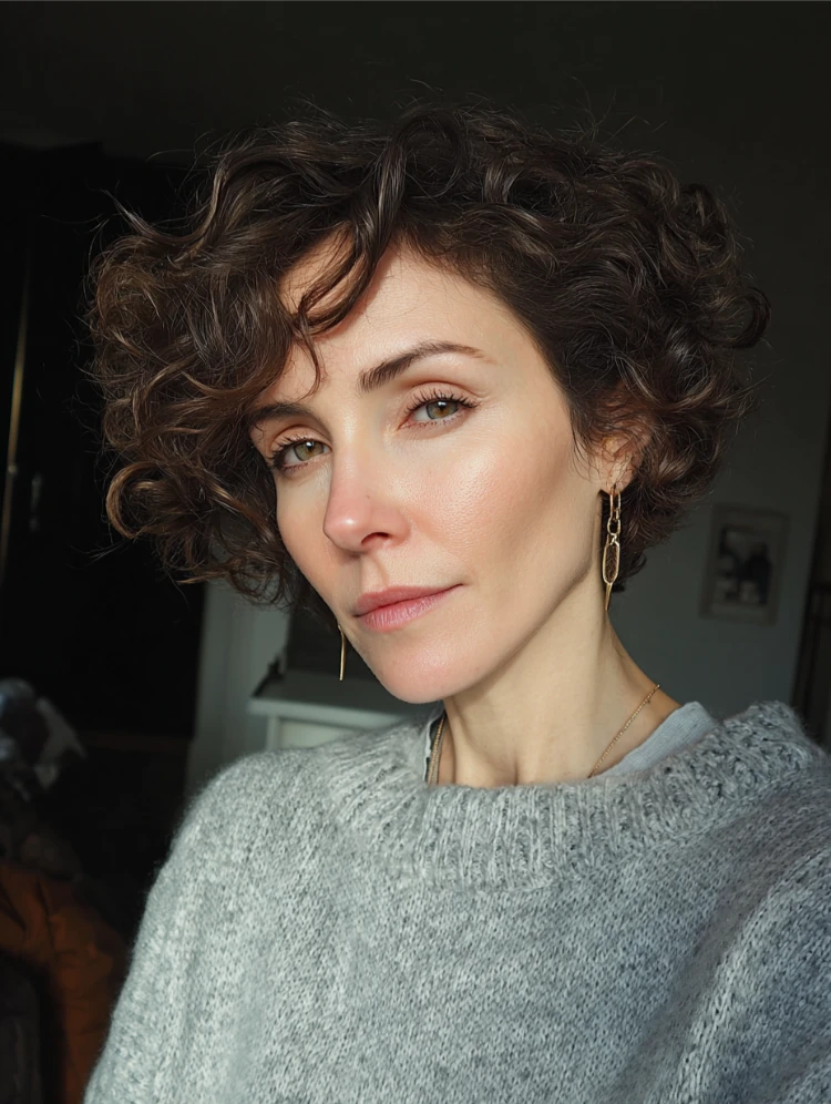 frau mit kurzem, lockigem bixie schnitt