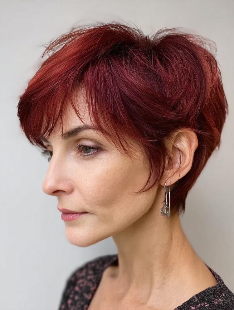 frau mit rotem bixie haarschnitt