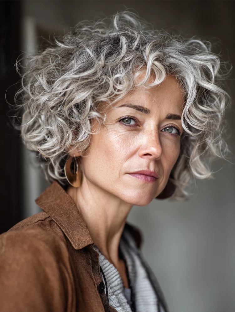 frau mit weiß grauem, lockigem bixie haarschnitt