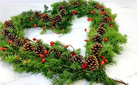 Grabdeko selber machen mit Tannenzapfen, Tannengrün und Hagebutte in Herzform