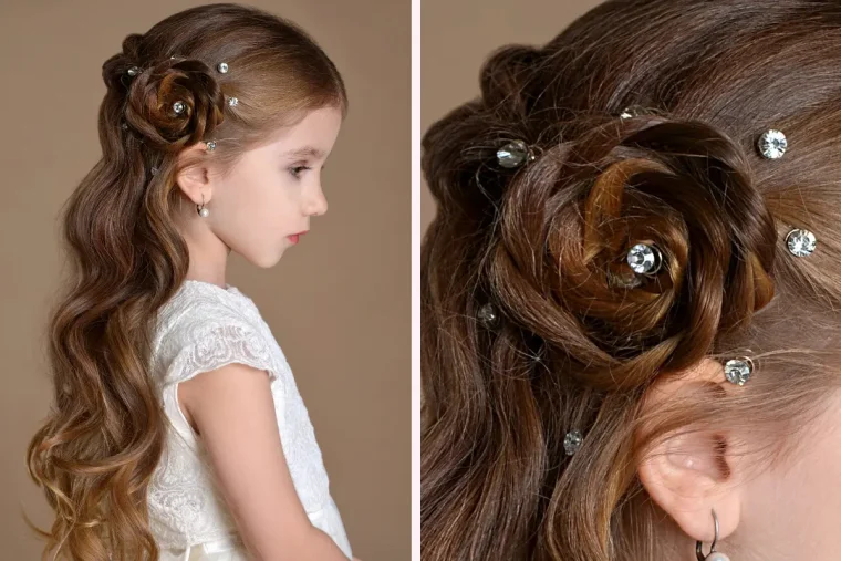 halboffene kinderfrisur mit wasserfallzopf und haarrose – festliche mädchenfrisur von der seite