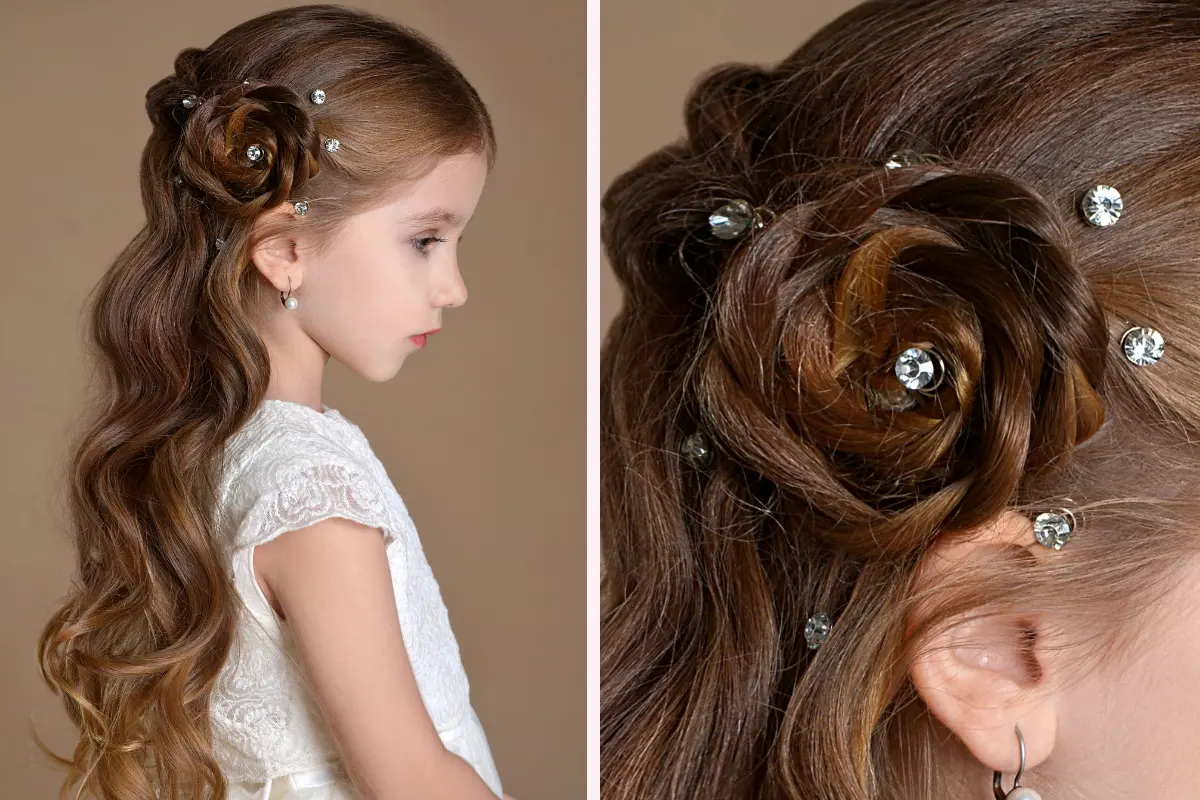 halboffene kinderfrisur mit wasserfallzopf und haarrose – festliche mädchenfrisur von der seite