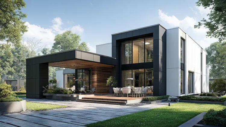 Modernes Einfamilienhaus mit Sandwichpaneelen als Dämmung an der Fassade