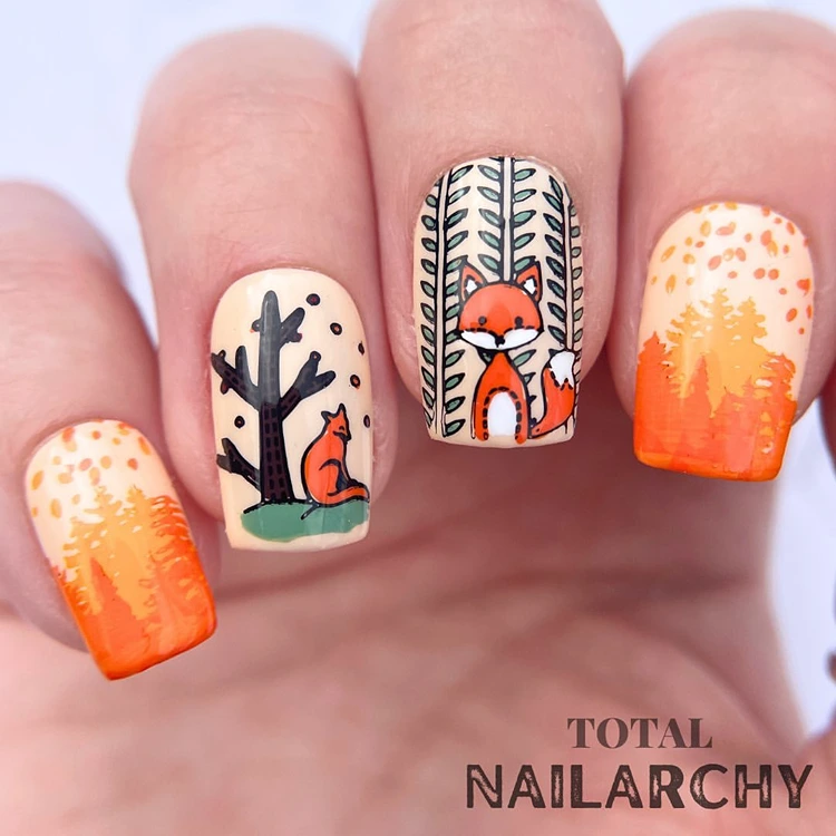 herbst nageldesign waldszenen mit füchsen und bäumen