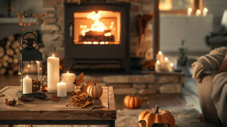 Herbstdeko Ideen mit Kerzen vor dem Kaminofen für mehr Gemütlichkeit