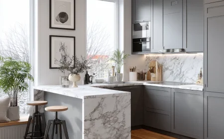 Küche im skandinavischen Stil mit grauen Schränken und weißer Marmorplatte