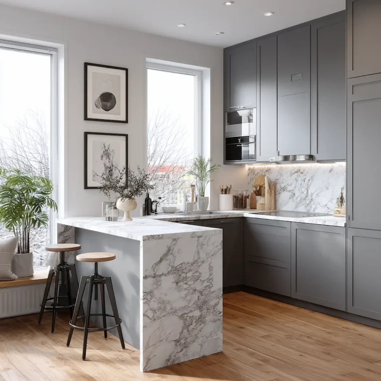 Küche im skandinavischen Stil mit grauen Schränken und weißer Marmorplatte