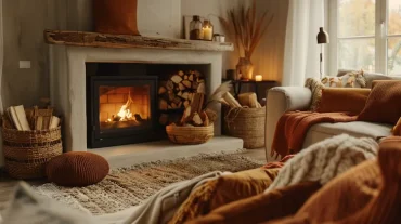 Kuschelige Textilien im Wohnzimmer mit Kaminofen