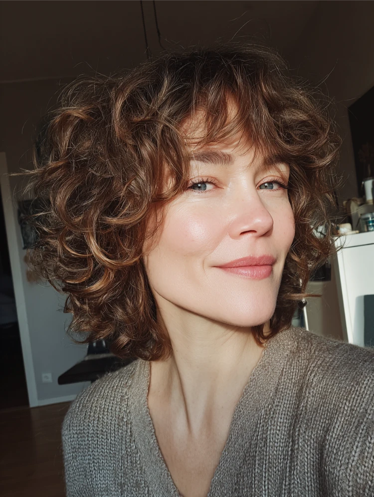 lockiger bixie haarschnitt mit curtain bangs