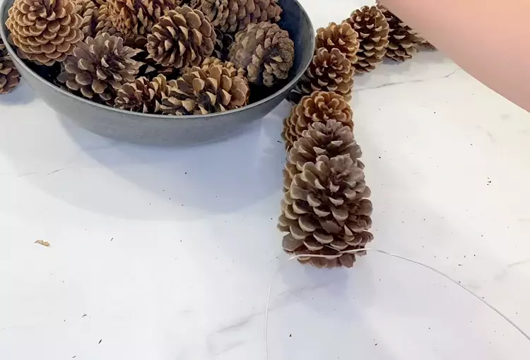 Mit Draht eine Reihe aus Tannenzapfen basteln