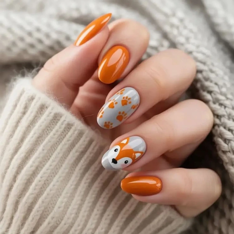 orangefarbene nägel herbstliches nageldesign mit fuchs