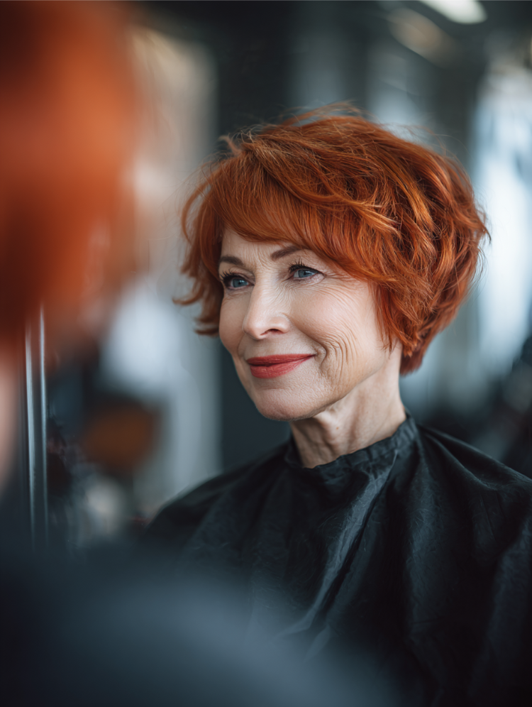 reife frau mit kupferrotem bixie haarschnitt