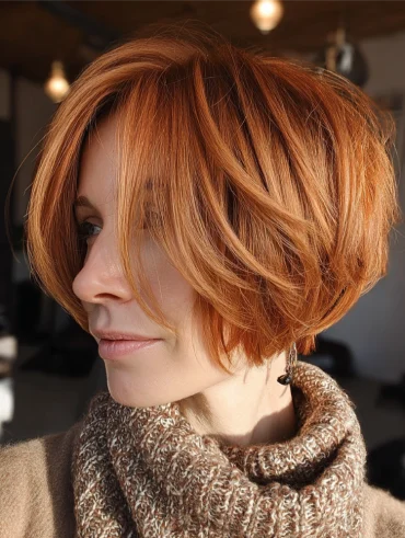 reife frau mit rot kupferfarbenem pixie cut
