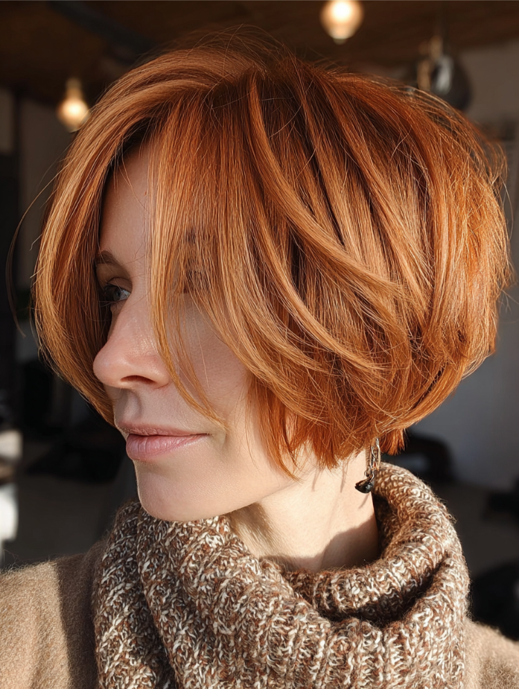 reife frau mit rot kupferfarbenem pixie cut