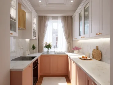 Schmale kleine Küche in U-Form mit Holzschränken