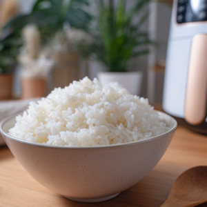 schüssel mit gekochtem reis vor einer heißluftfritteuse