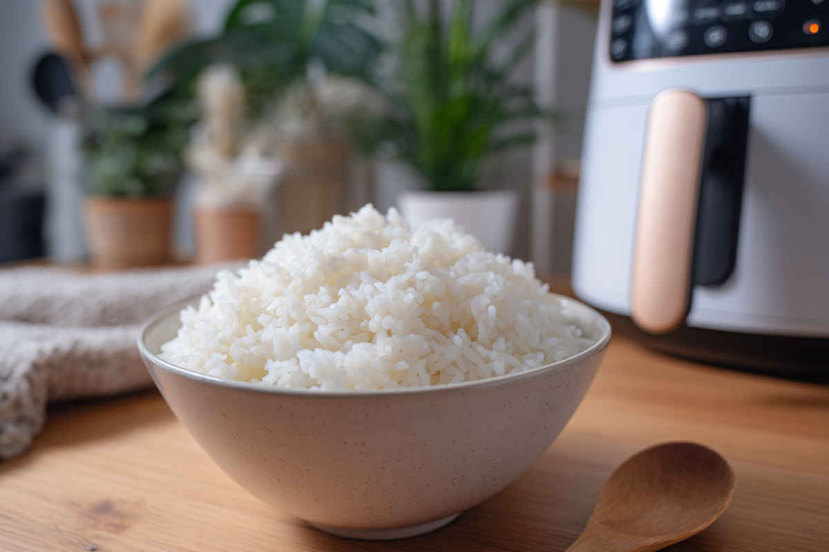 schüssel mit gekochtem reis vor einer heißluftfritteuse