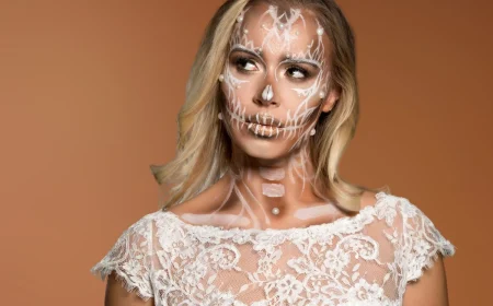 Totenkopf zu Halloween schminken für eine Geisterbraut als Damenkostüm