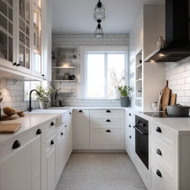 Weiße Küche in U-Form mit schwarzen Türgriffen als Akzent