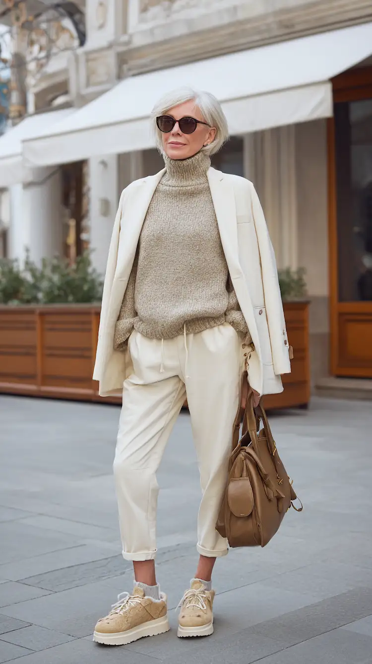 50 jährige Frau mit Kleidung mit klassischen Schnitten