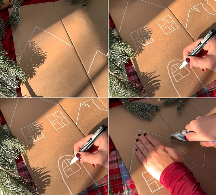 Anleitung zum Selbermachen eines Weihnachtsdorfs mit Pappe, Kreidemarker und Puffy Paint