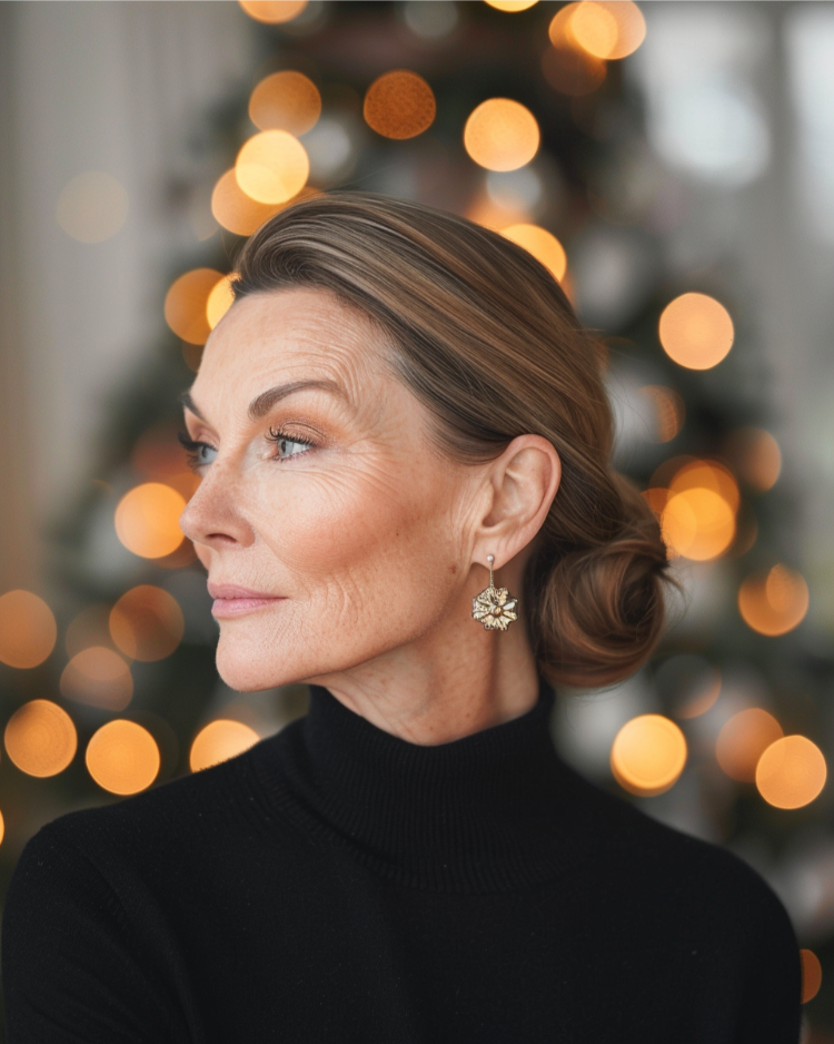 elegante frau mit glattem dutt für die weihnachtsfeier