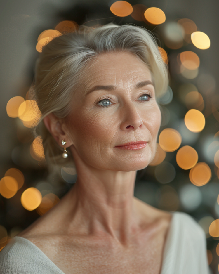 elegante frau mit stilvoller hochsteckfrisur für die weihnachtsfeier