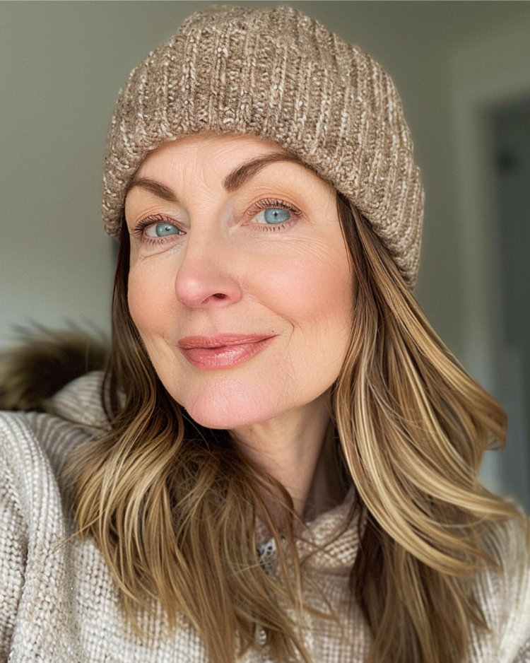 elegante frau mit welligem mittellangem haar und mütze