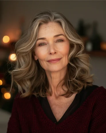 frau mit stylischem welligem haar und seitenscheitel für die weihnachtsfeier