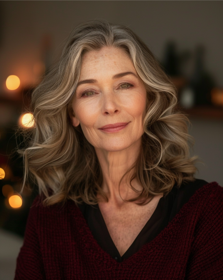 frau mit stylischem welligem haar und seitenscheitel für die weihnachtsfeier