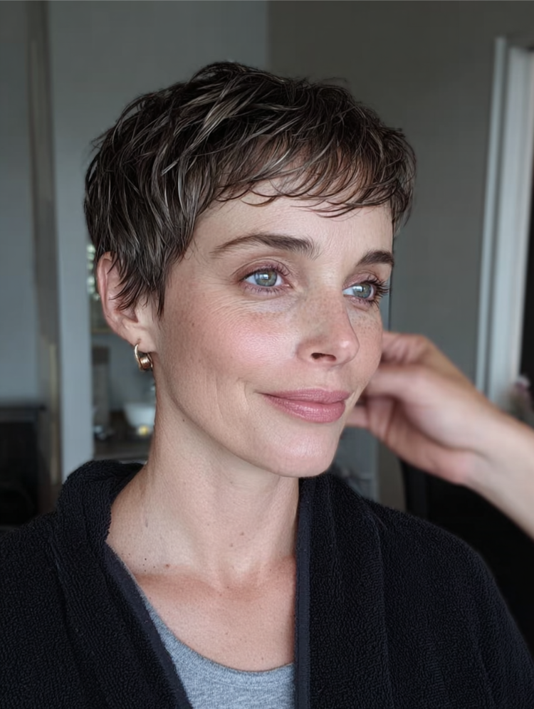 frau mit whisper pixie cut